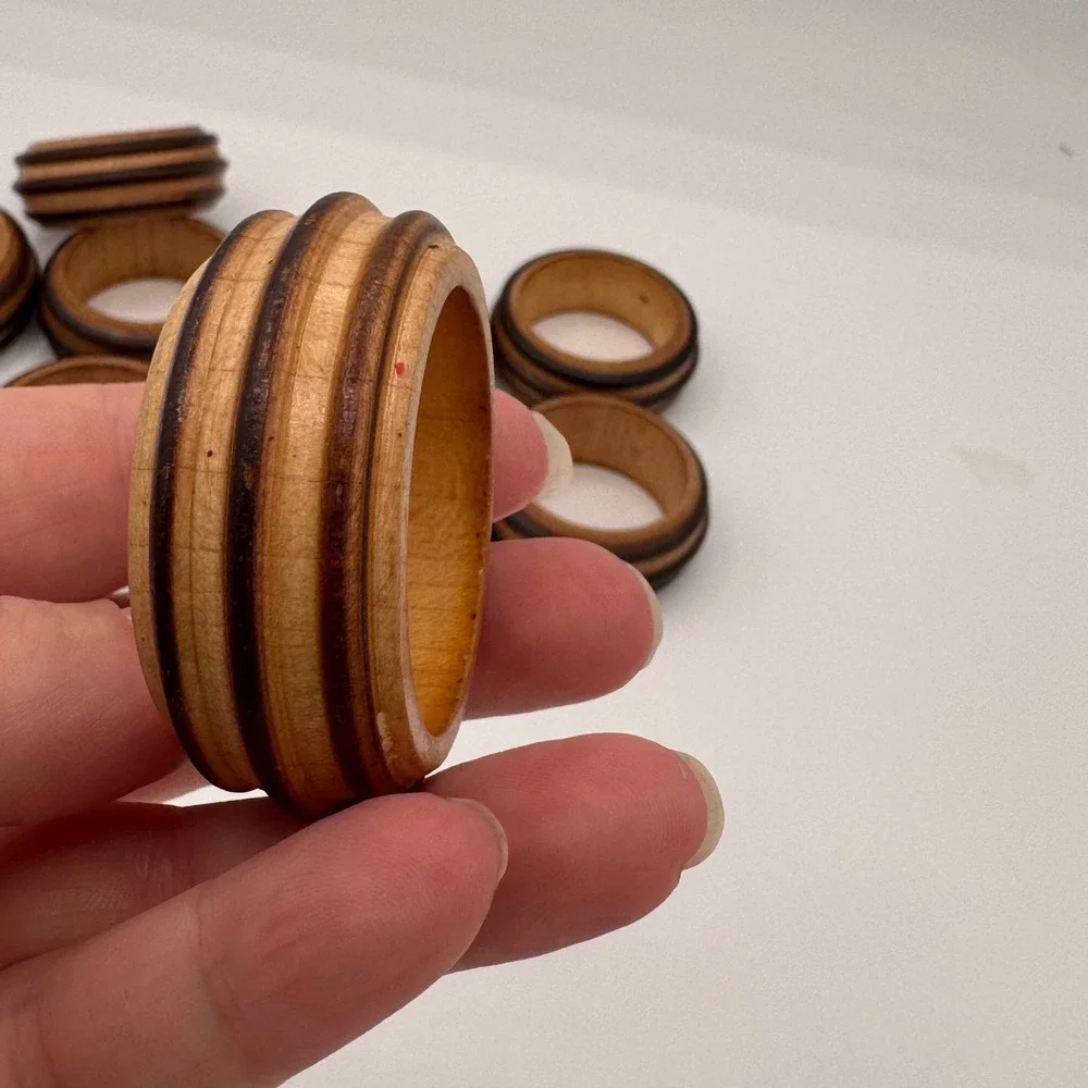 Vintage Set of 10 Ribbed Wood Napkin Rings Brown Striped Beehive Farmhouse Boho